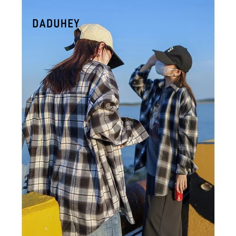 DaDuHey Sun Protection Plaid Shirt for Women Hong Kong Style Classic Black and White Plaid Loose Long Sleeve Top