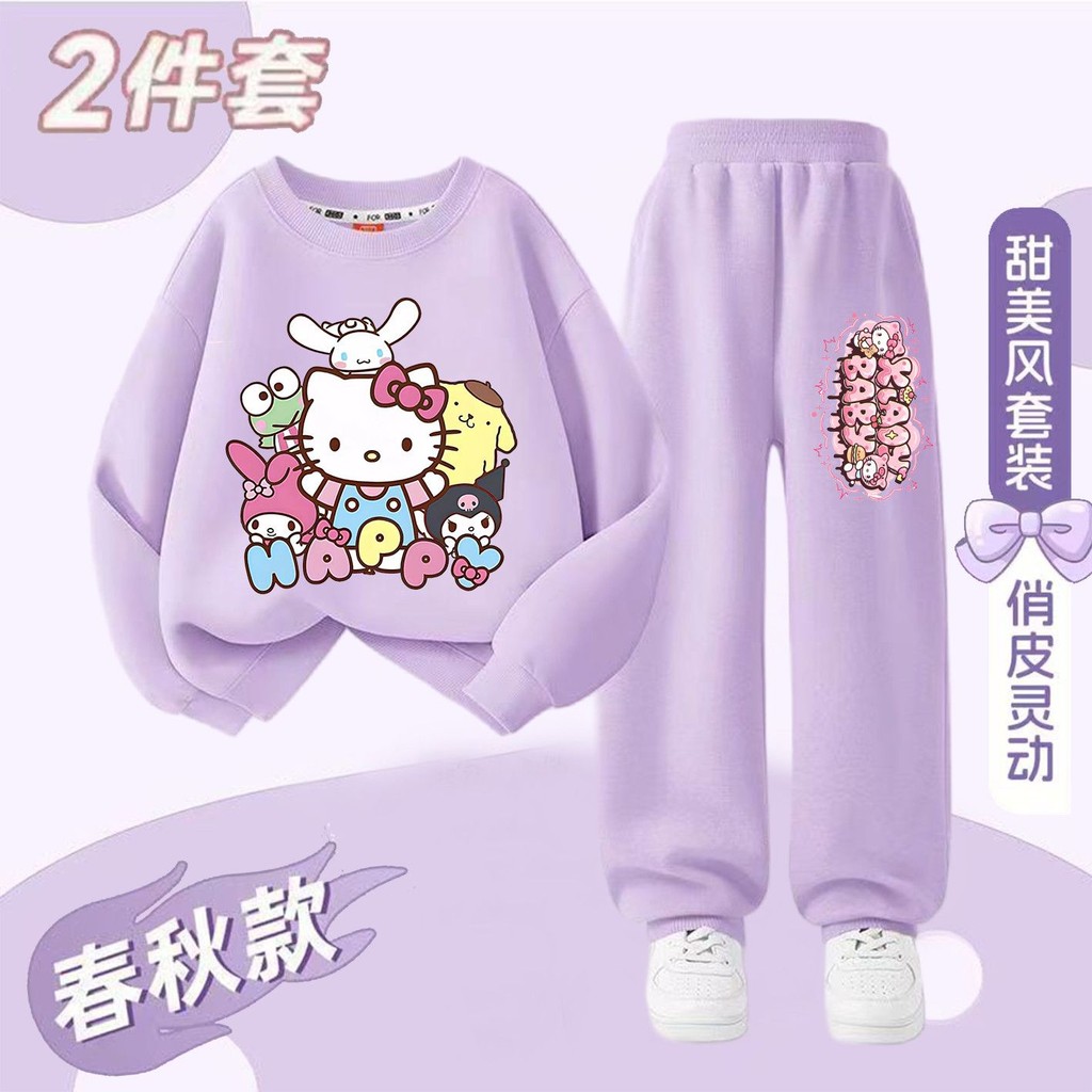 ເຊັດຊຸດ Hello Kitty ແຂນຍາວສໍາລັບເດັກຍິງ - ຊຸດສະເລີຍແລະຊຸດກິລາ 2 ຊິ້ນ ເຫມາະສົມສຳລັບລະດູໃບໄມ້ຜົນແລະລະດູຫອຍ