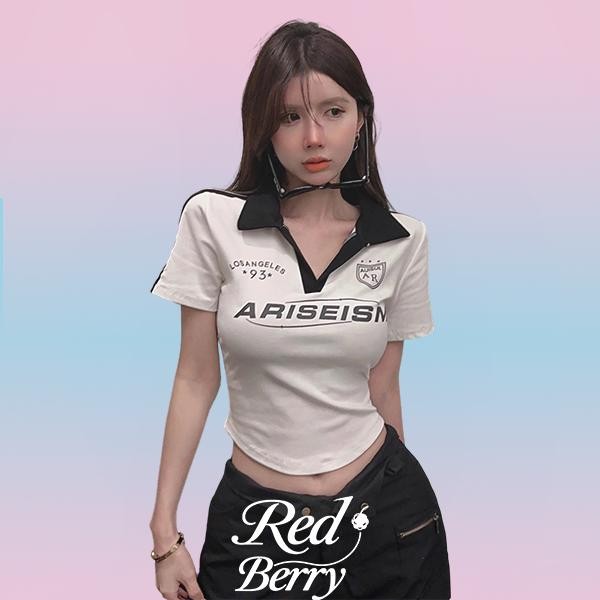 Red Berryเสื้อยืดแขนสั้นคอวีทรงตรงพิมพ์ลายตัวอักษรสไตล์อเมริกันสำหรับผู้หญิงในช่วงฤดูร้อน2624
