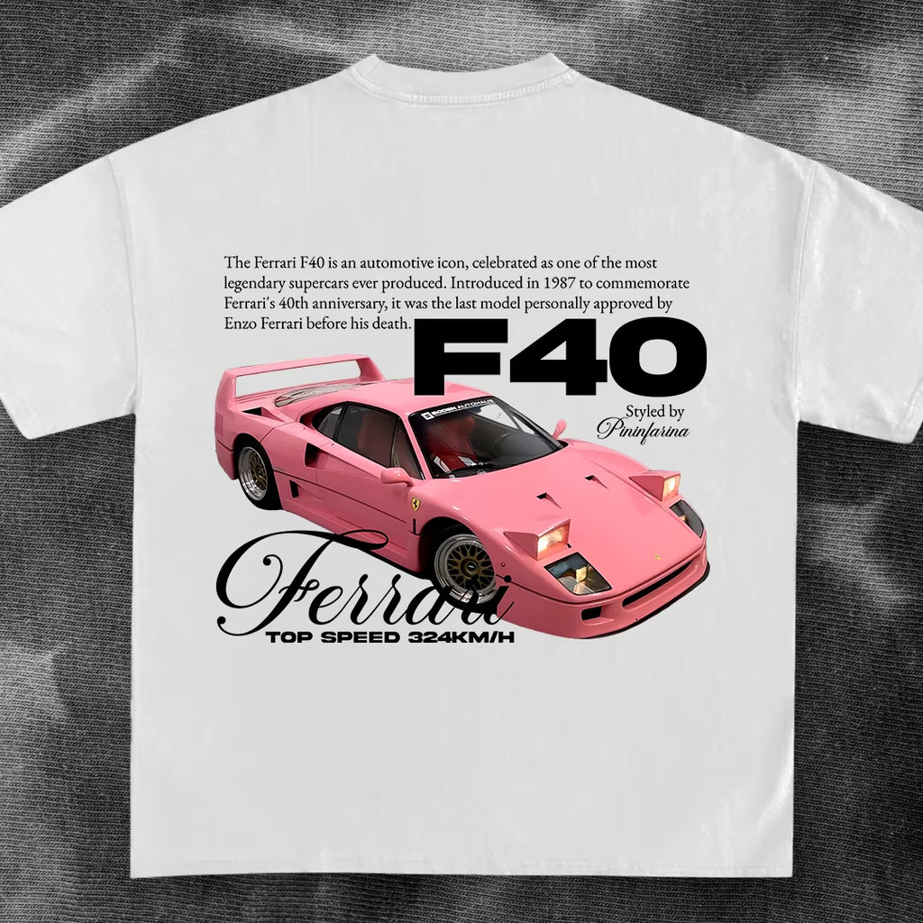 เสื้อยืดแขนสั้นผู้ชายและผู้หญิง ลาย Ferrari F40 สไตล์Hip-Hop สำหรับหน้าร้อน