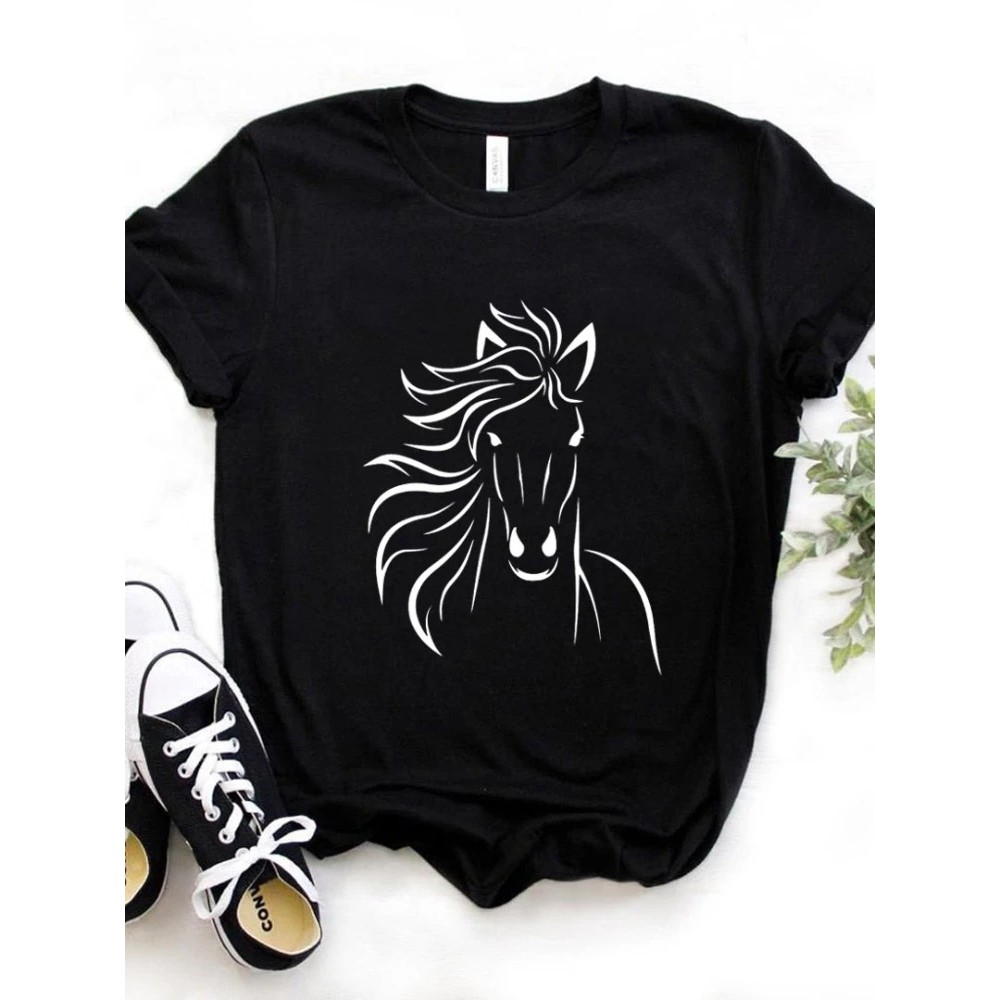 COD Horse Lover Print Women T Shirt Short Sleeve O Neck Loose Wo 3Y6T