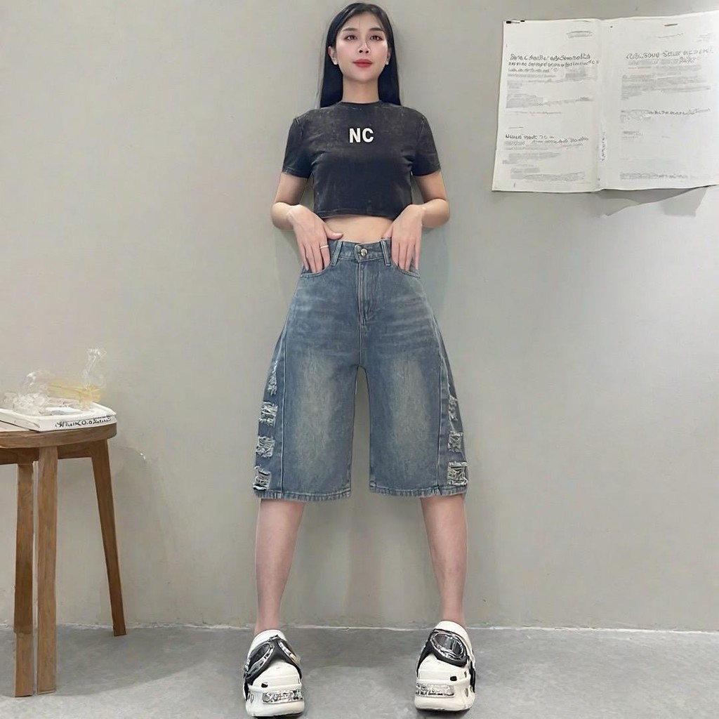 NAMCHAกางเกงยีนส์5ส่วน กางเกงยีนส์เอวสูง แต่งขาดข้าง  339