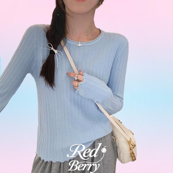 Red Berryเสื้อเชิ้ตคอกลมสีขาวฤดูใบไม้ร่วงสำหรับผู้หญิง เสื้อสเวตเตอร์ถักขอบหูไม้ระดับไฮเอนด์88017