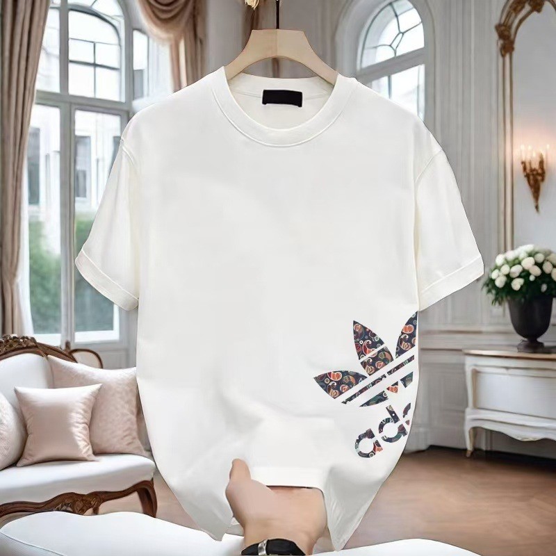 ผ้าฝ้ายแท้อินเทรนด์ COD พิมพ์ผ้าฝ้ายแท้สีขาวเสื้อยืดชาย 23 เสื้อยืดสไตล์ใหม่รอบคอใหม่ 2025g Slim-fit