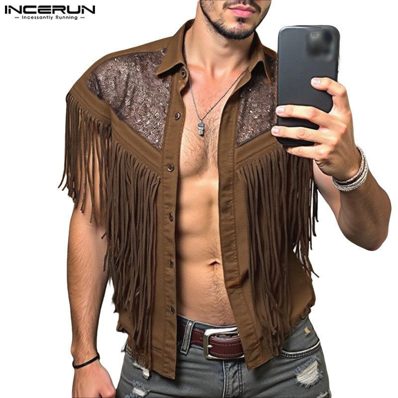INCERUN เสื้อเชิ้ตแขนสั้นผู้ชาย สไตล์วินเทจ พัตช์เวิร์ค.Maillard จากผ้าชิมเมอร์