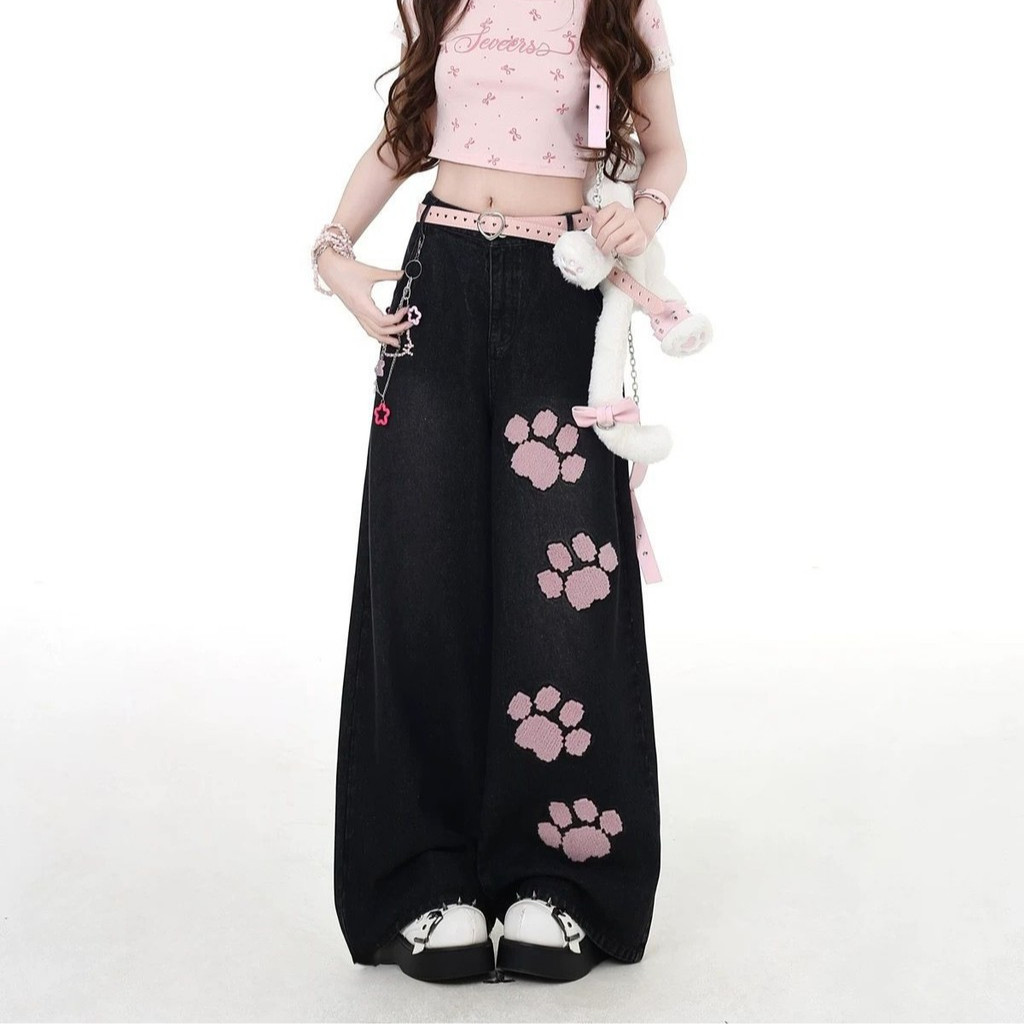 Rommers S-6XL กางเกงยีนส์ขากว้างสีดำเอวสูง ทรงหลวมสวมใส่ง่าย