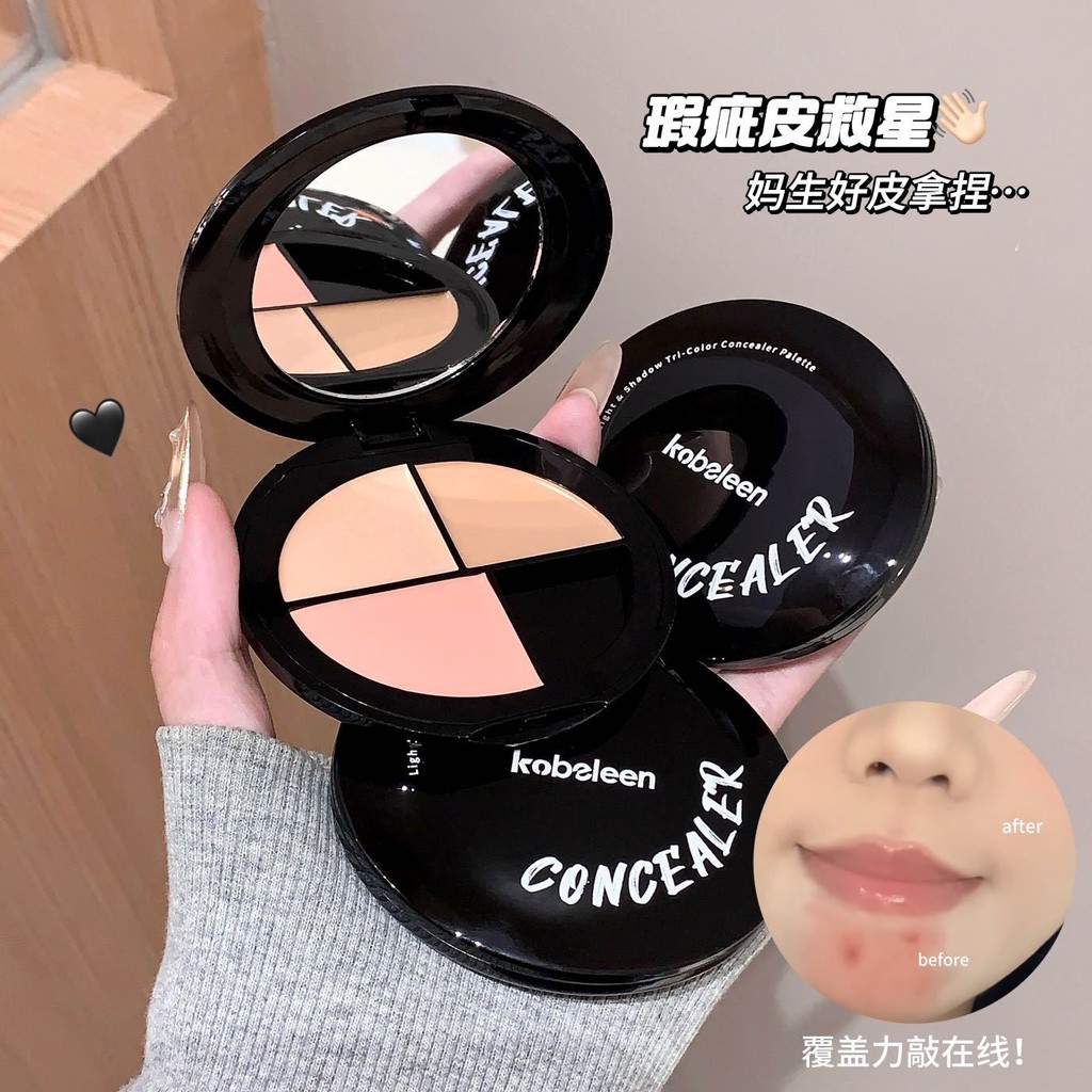 Kobeleen Light Shadow Tricolor คอนซีลเลอร์ Palette ปกปิดรอยสิว Dark Circles Facial Retouch Tear Groo