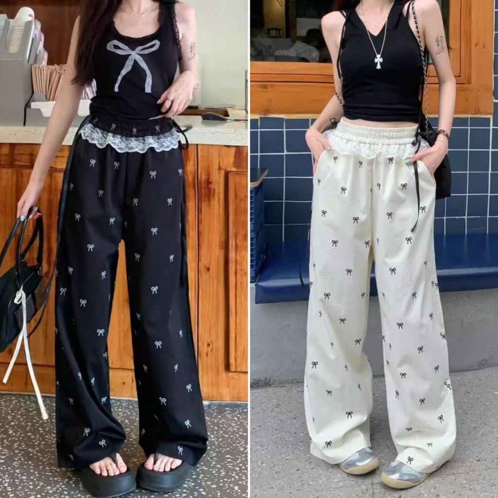 Bella shop กางเกงขากว้างผู้หญิง กางเกงขายาวใส่สบายๆ  น่ารัก ดีไซน์ขอบลูกไม้ ทรงหลวม สวมใส่สบาย