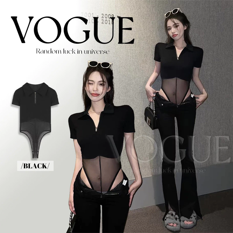 Vogue🌟พร้อมส่ง🌟 ชุดบอดี้สูท ดีเทลซีทรู สีดำ สาวเท่ ทรงรัดรูปใส่ง่าย (FY9080)