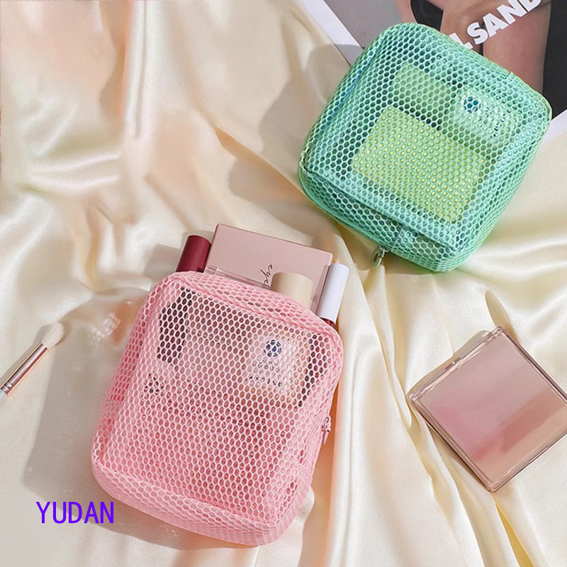 YDMY Colorfu น่ารักตาข่ายกระเป๋าเครื่องสําอางผู้หญิงหูฟังแบบพกพาลิปสติกผ้าอนามัยถุงเก็บแต่งหน้าขนาดเล็กกระเป๋าซิปสุภาพสตรีมินิกระเป๋าเงินเหรียญ