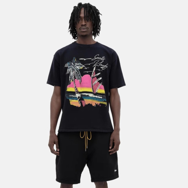 EJNJ RHUDE Palm Tree Beach Island Sunshine Sunset Print High Street Casual Loose Summer Couple Short