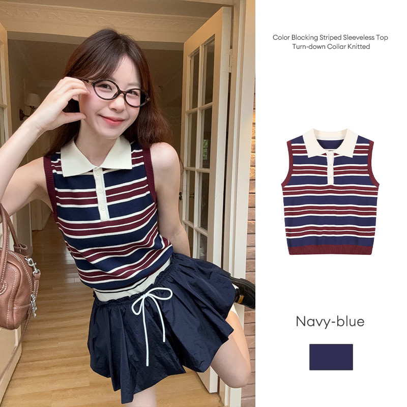 เสื้อกล้ามแขนกุดลายทางสีบล็อก คอวี เสื้อกั๊กสั้น ถักนิตติ้ง ผู้หญิง สไตล์เรโทร-MTY