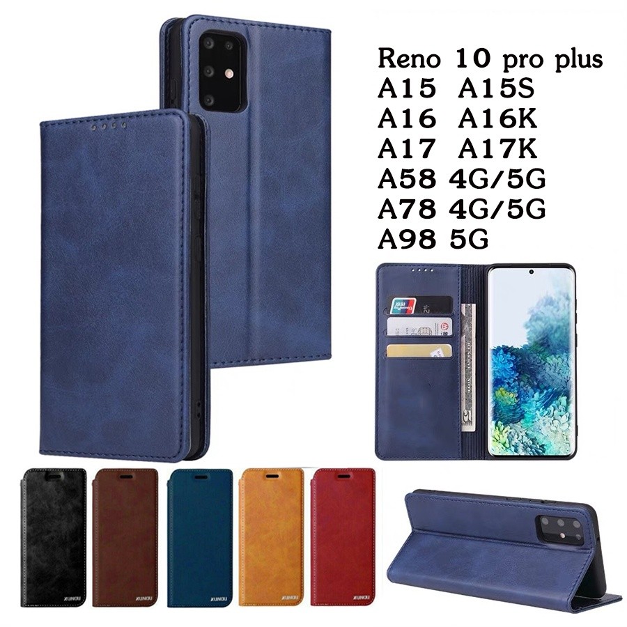 015.เคสโทรศัพท์หนัง เคสฝาพับ พร้อมช่องใส่บัตร ตั้งได้ สำหรับ OPPO Reno 8T A83 A37 A31 A3S A7 A5S A12