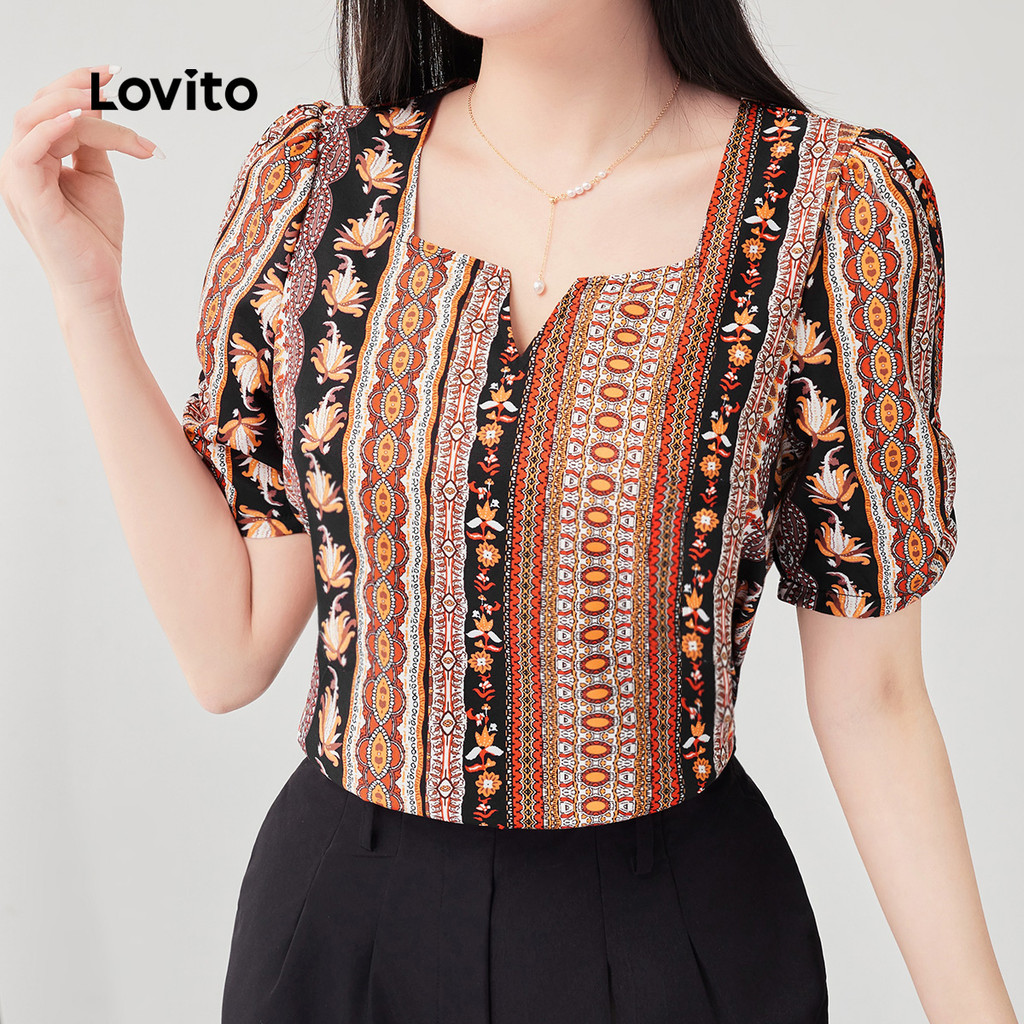 เสื้อเชิ้ตแขนสั้นพิมพ์ลายชาติพันธุ์ แบบคอสี่เหลี่ยม BLB154PBD298