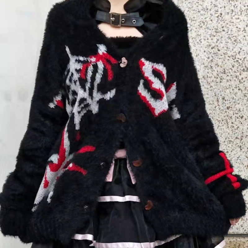 สเวตเตอร์ขนสัตว์ปลอมสไตล์ Y2K สำหรับทั้งผู้ชายและผู้หญิง ดีไซน์เอเชียคลาสสิก มิลเลนเนียม สีแดงเล็ก ๆ