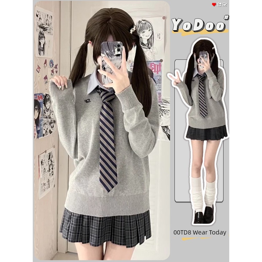 JK ชุด V คอเสื้อกันหนาวถักเสื้อกันหนาวผู้หญิงฤดูใบไม้ร่วงและฤดูหนาวโรงเรียนสําหรับวิทยาลัยสไตล์เสื้อ