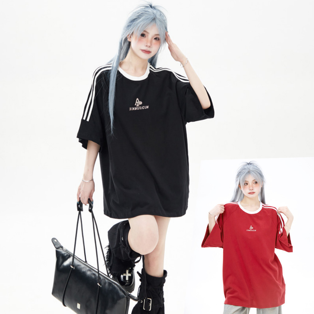 Bella Shop  สีแดงหลวมแขนสั้นสไตล์ลำลองหญิง