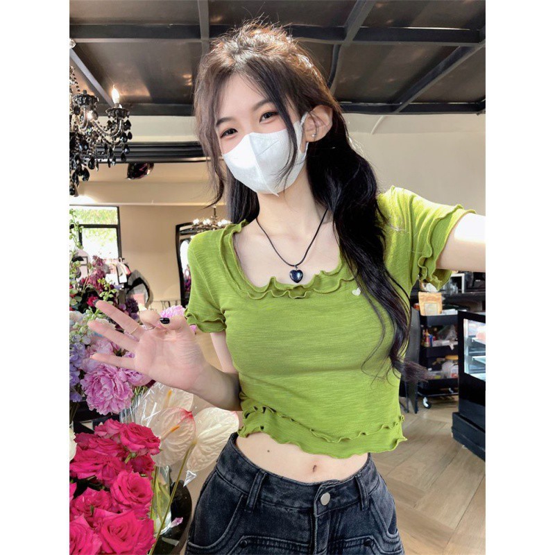 Avocado Green Square Neck Short Top Women Summer Sweet Spice Bright Color Jazz Dopamine Mint Mambo S