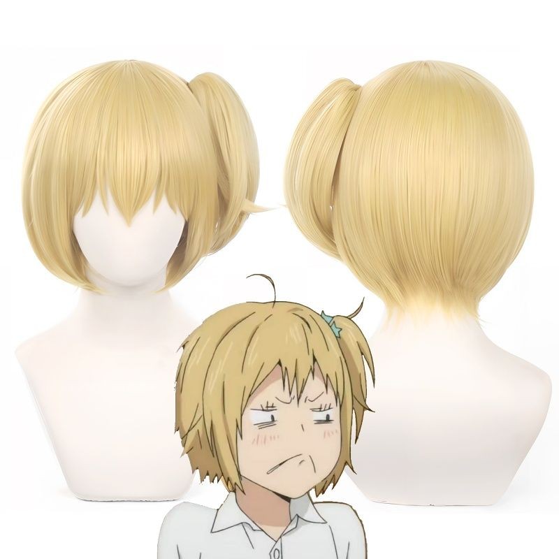 วิกผมcosplay Kiyoko Shimizu สไตล์อนิเมะ ผมสั้นตรงสีเหลืองทองพร้อมหางม้าแบบหนีบ ใช้สำหรับConvention &