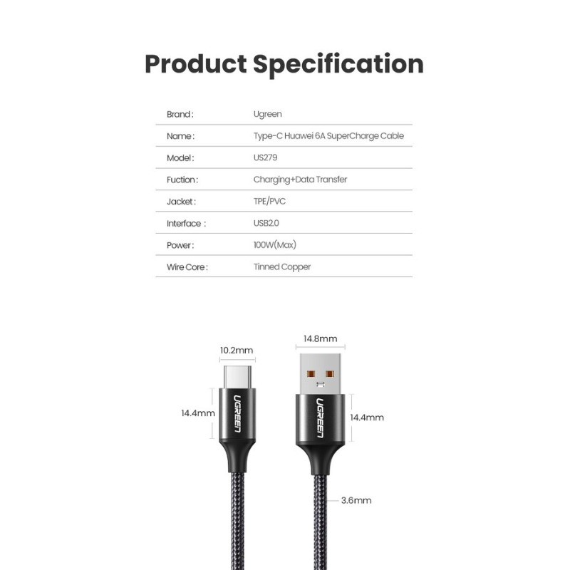 UGREEN สายชาร์จ 6A 100W USB A ถึง USB C Nylon Fast Charger Type C สายสําหรับโทรศัพท์ Huawei Andriod - รูปที่ 7