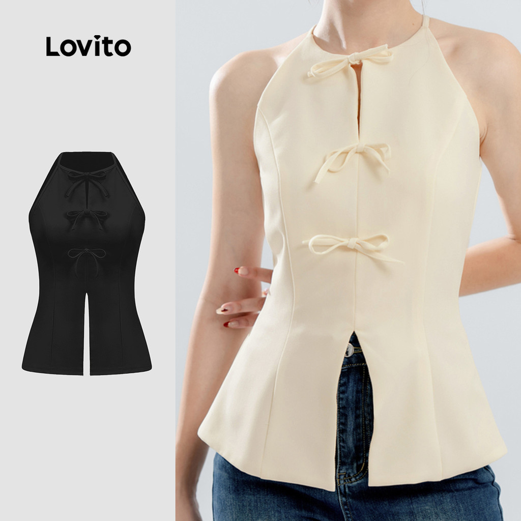 Lovito เสื้อกล้ามโบว์ผูกเชือกฤดูร้อนด้านบนหรูหราสําหรับผู้หญิง L109MD032
