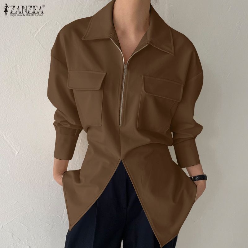 ZANZEA ซานเซีย ผู้หญิงเกาหลีแฟชั่นปกซิปแขนยาวไม่สม่ําเสมอ มิ้ม กระเป๋าสีทึบเสื้อ — صورة 4