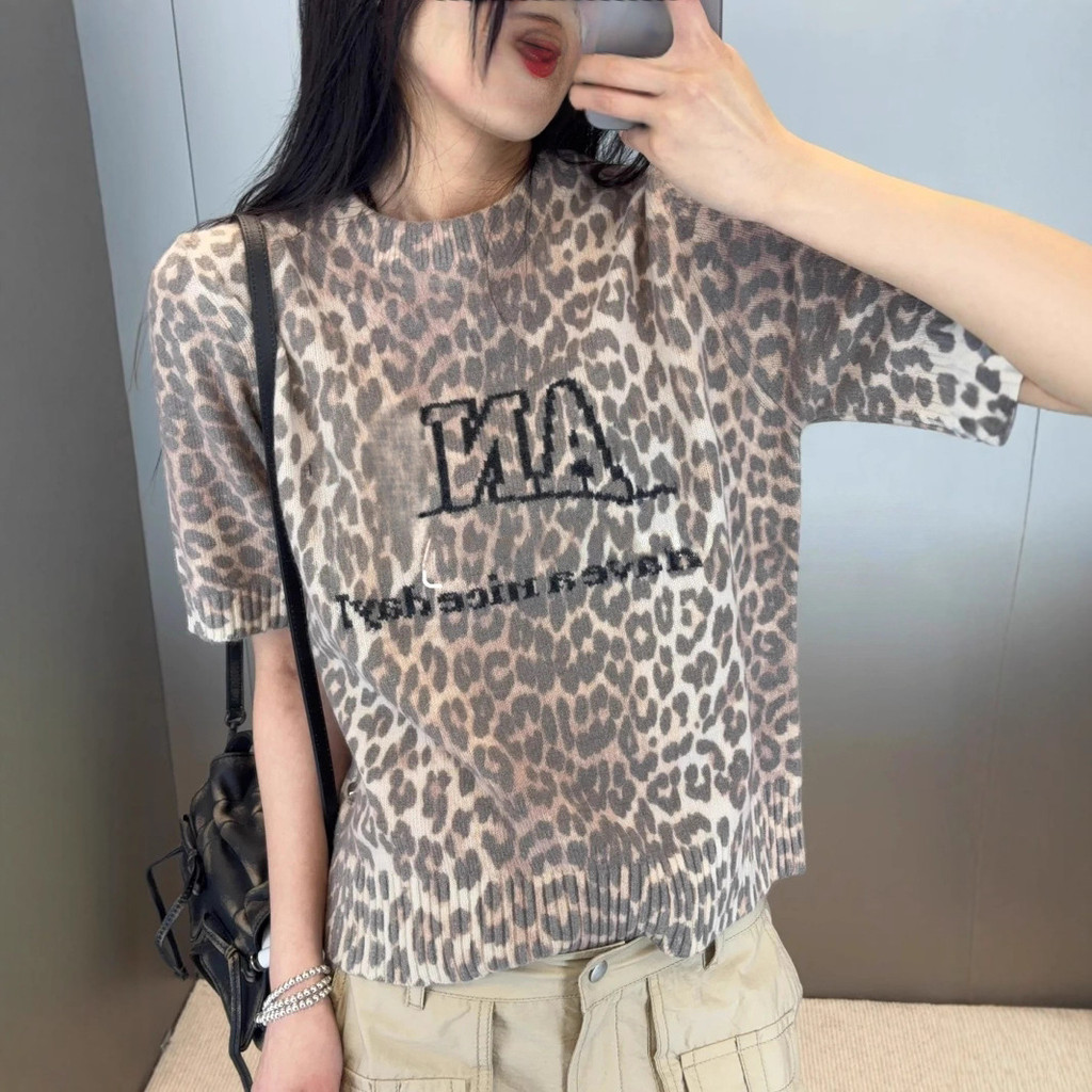 GANNI Early Autumn Niche Design Classic Leopard Print Round Neck Pullover Mid-Sleeve Knitted Sweater
