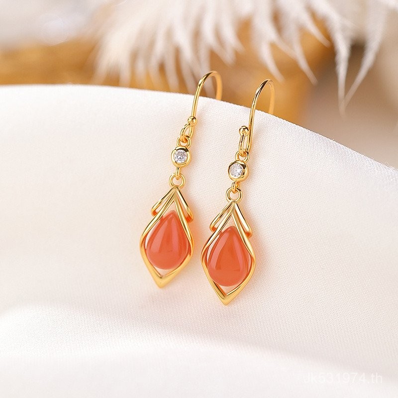 สร้อยคอหยดน้ำสีแดง Sterling Silver S925 พร้อมฝากรุปแบบคลาสสิก เคลือบทองSQP3