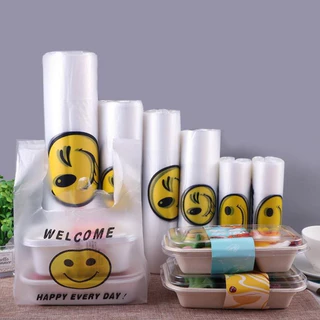 50ชิ้น ถุงหิ้วพลาสติก ถุงลายหน้ายิ้มน่ารัก มีหลายขนาด ถุงหูหิ้ว shopping bags
