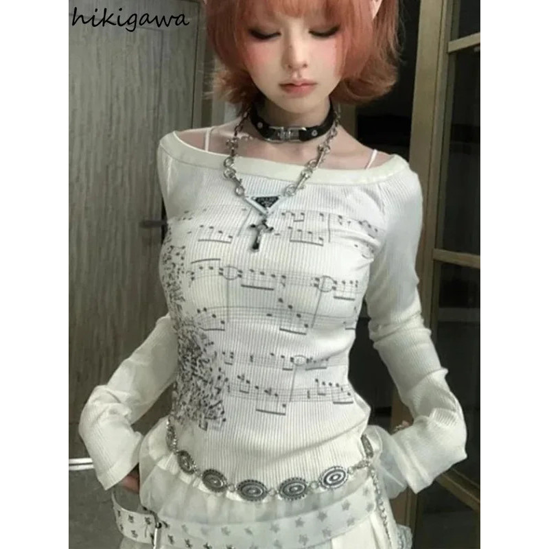 Punk T เสื้อผู้หญิงพิมพ์แขนยาว Tunic Tees แฟชั่นเกาหลี Camisetas Y2k Tops Slash คอ Casual Tshirts 20