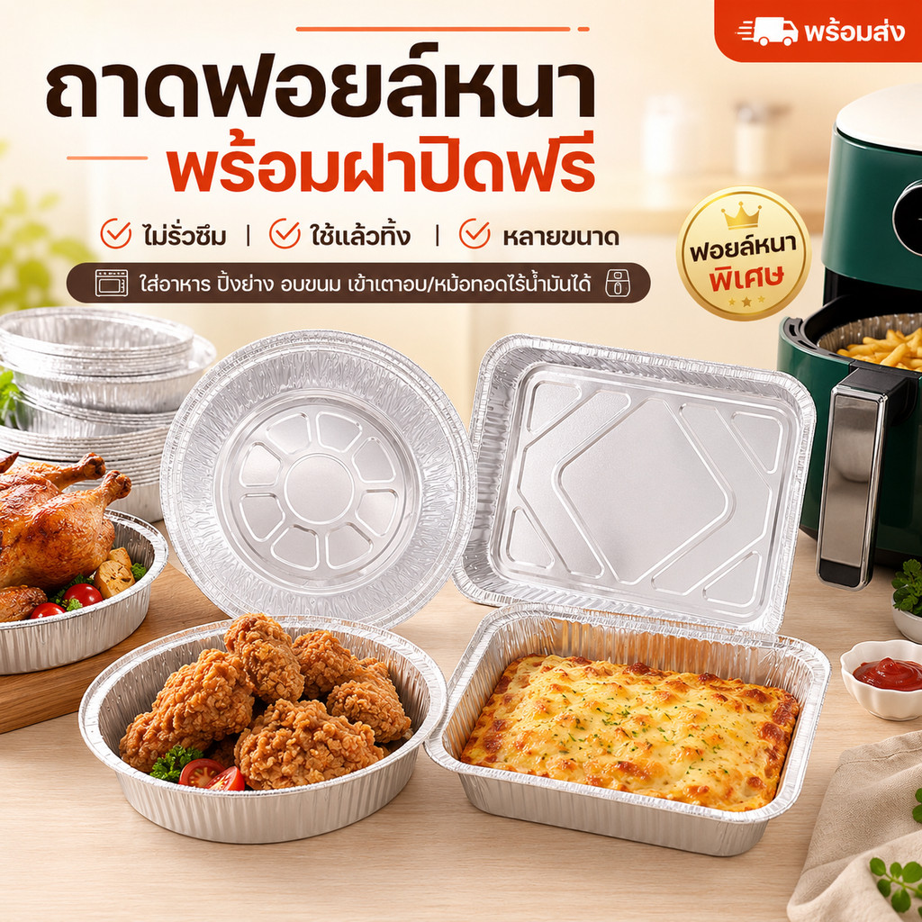 ฝาปิดฟรี ถาดฟอยล์หนา ไม่รั่ว ใช้ครั้งเดียว หลายขนาด ใช้บรรจุอาหาร ปิ้งย่าง อบขนม จัดส่งเร็ว ฝาปิดทำจากพลาสติกโปร่งใส