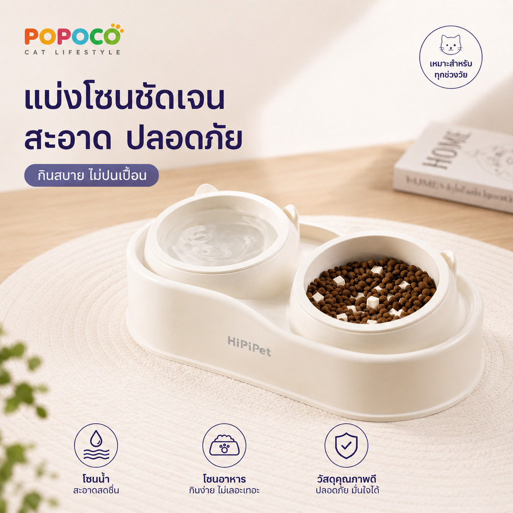 【POPOCO】ชามอาหารแมวยกสูง ชามคู่ 2 ช่อง สแตนเลส 304 ถอดล้างได้ กันลื่น ลดปวดคอ สำหรับแมวและสุนัขพันธุ์เล็ก