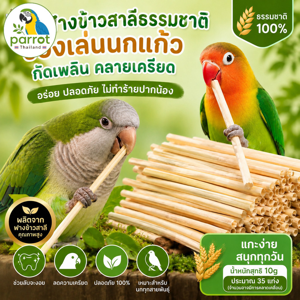 parrot.thailand ฟางข้าวสาลีแทะเล่น ของเล่นนก ปลอดภัย 100% แก้อาการนกถอนขน คลายเครียด