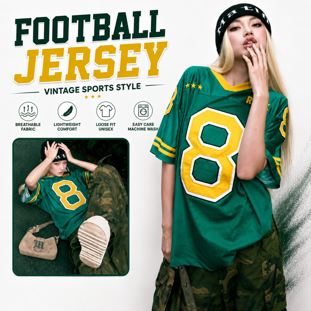 เสื้อเจอร์ซีย์เลข 8 ทรงโอเวอร์ไซซ์ คอวี แขนสั้น ผู้หญิงผู้ชาย ใส่สบาย สไตล์สตรีทแฟชั่น