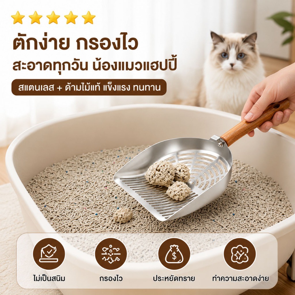 MOMOVIDA ที่ตักทรายแมว ที่ตักทรายแมวแสตนเลส 304  ที่ตักอึแมว ช้อนตักอึแมว ที่ร่อนอึแมว ช้อนตักทรายแมวขนาดใหญ่