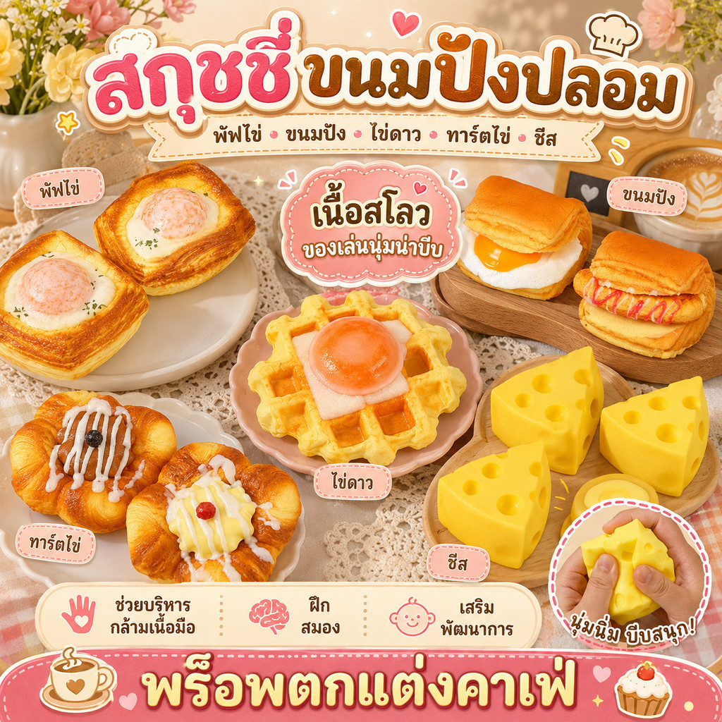 สกุชชี่พายทาร์ต ขนมปังปลอมเหมือนจริง ของเล่นบีบมือ เนื้อสโลว คลายเครียด บริหารกล้ามเนื้อมือ เสริมพัฒนาการ พร็อพตกแต่ง