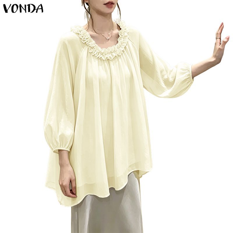 VONDA ผู้หญิงเกาหลี Girly สไตล์รอบคอ Raglan แขนโคมไฟทอ Ruffle Hem Ruffle Trim ชีฟอง Silhouette แขนสามในสี่ชุดตัด