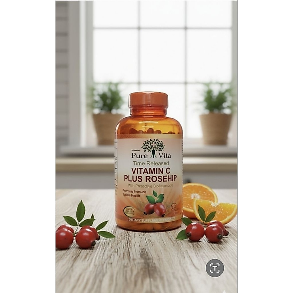 Pure Vita C-Time 1000 mg 250เม็ด สูตร Time-Release มี Rose Hip ขาวไว กว่าวิตามินซี ทั่วไป 20 เท่า