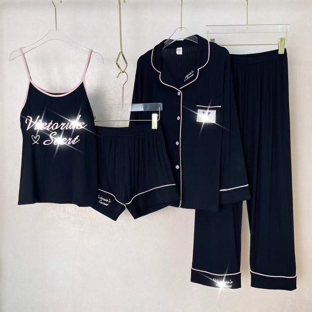 S-XXL 2026 สไตล์ใหม่ V Rhinestone ชุดนอนผ้าไหมน้ําแข็งยืดสูง 4 ชิ้นชุดสีดําลายผ้าไหมน้ําแข็งกางเกงขา