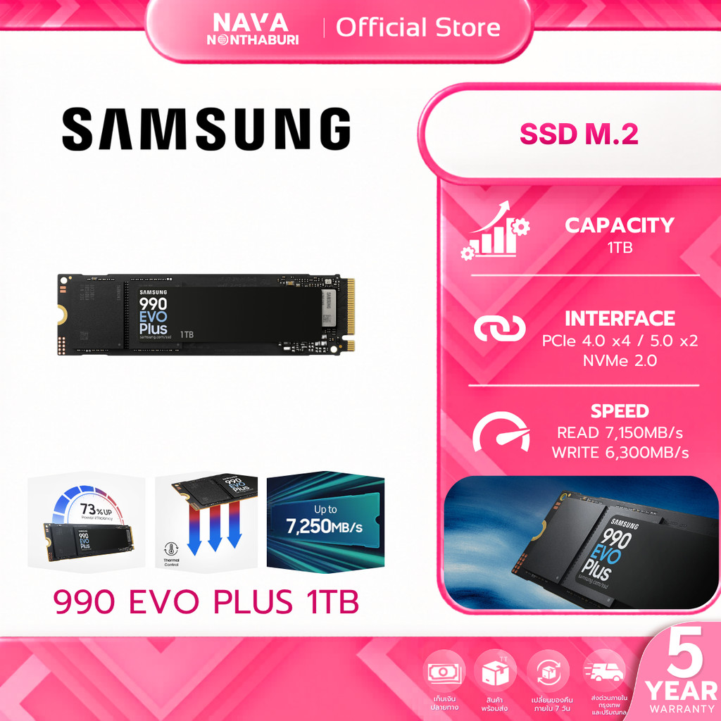 SAMSUNG SSD 990 EVO PLUS 1TB เอสเอสดี (MZ-V9S1T0BW) PCle4 NVMe M.2 รับประกัน 5 ปี