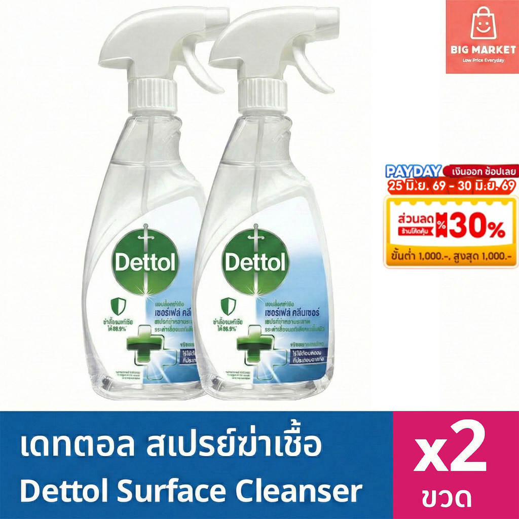 แพคคู่ 2 ขวด เดทตอล สเปรย์ทำความสะอาดและฆ่าเชื้อแบคทีเรียบนพื้นผิว Dettol 500ml 2ขวด Surface Cleanser Spray