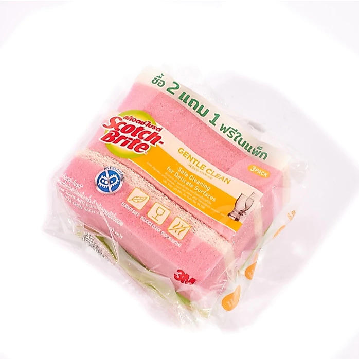 สก๊อตช์ไบรต์ ฟองน้ำแอนตี้แบคทีเรีย สำหรับงานไร้ริ้วรอย สีชมพู แพ็ค 2 ฟรี 1 (แถมในแพ็ค) 3M 7012803293