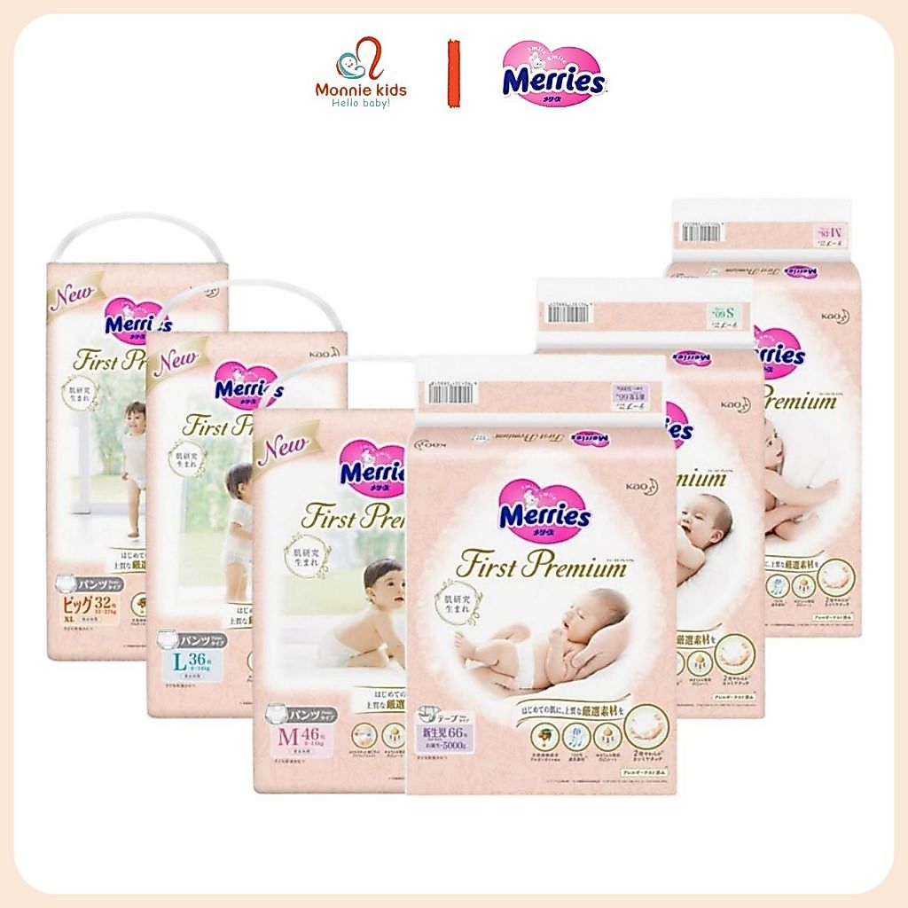 Merries ผ้าอ้อม First Premium สําหรับเด็กทารก ผ้าอ้อมเด็ก NB66, S60d, M48d, L36q, XL32q - Monnnie Ki