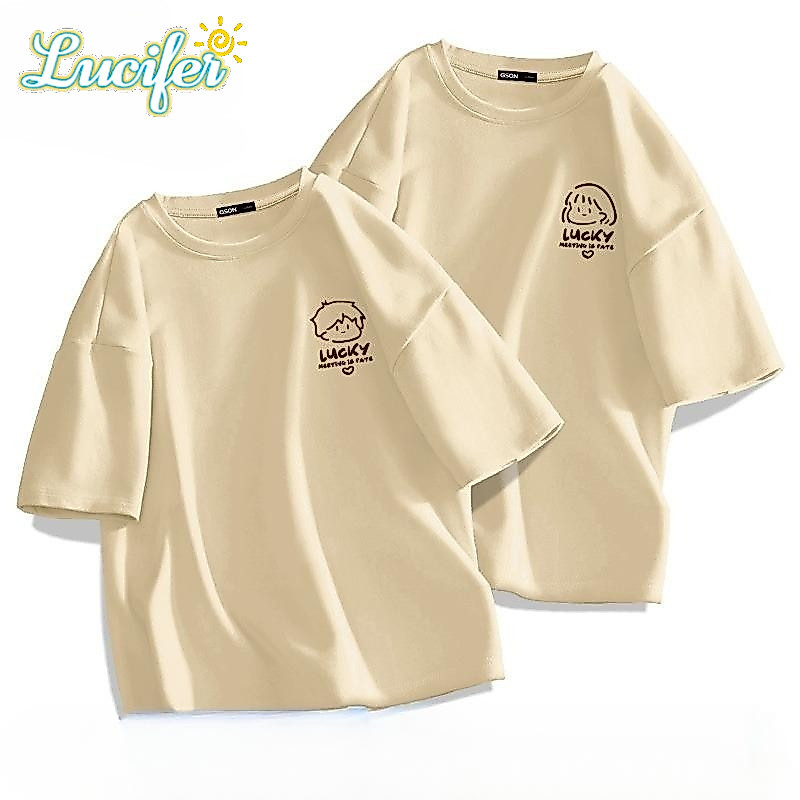 Lucifer (จัดส่งตลอด 24 ชั่วโมง) เกาหลี oversize คอกลม เสื้อยืด CMDXY0017 ผ่อน ผ้าคอตตอน ลายสกรีน ฤดูร้อน สบาย
