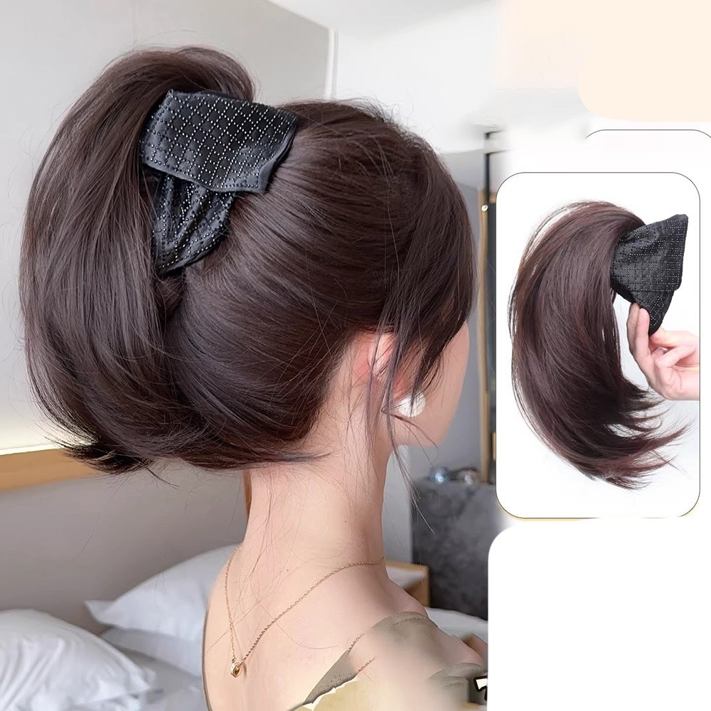 (จัดส่งในพื้นที่) Rhinestone Bow Ponytail Micro-Wavy Wigs Short Natural Synthetic Hair Extension