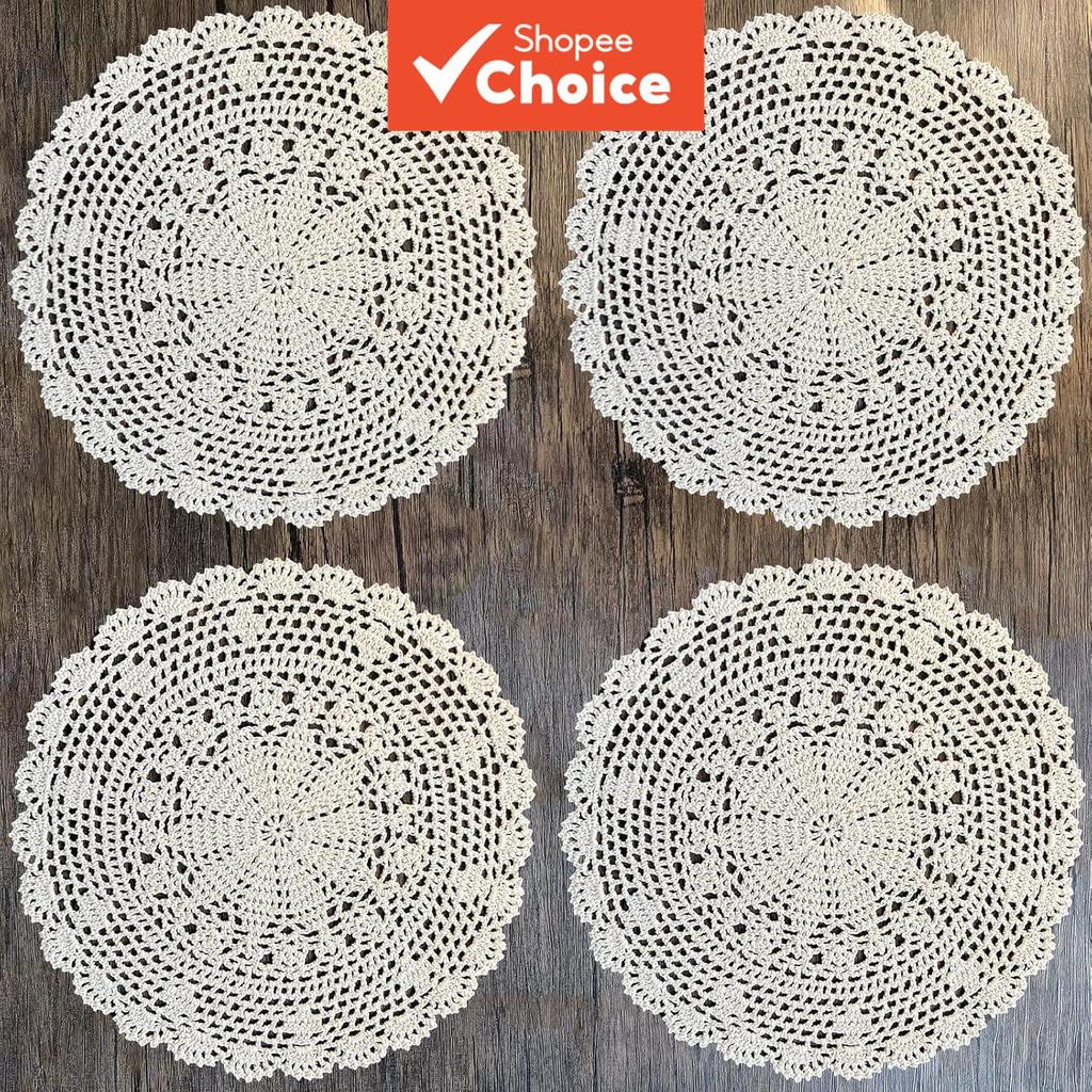 4PCS Handmade รอบผ้าฝ้ายโครเชต์ Doilies Star รูปแบบลูกไม้ Placemats 12in