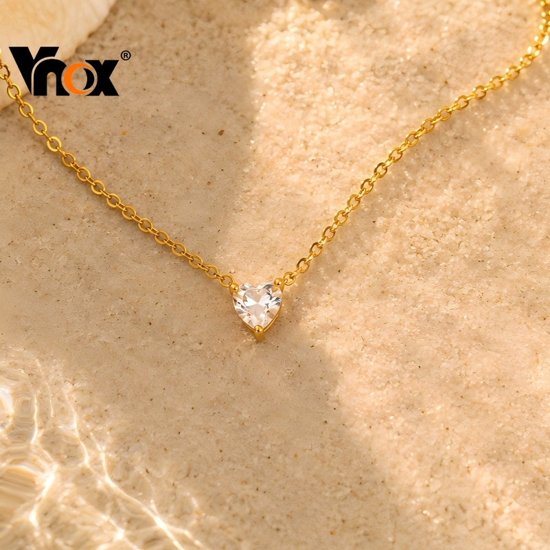 Vnox Gold Plated Solitaire Heart Zircon จี้สร้อยคอผู้หญิง, Minimalist Elegant งานแต่งงานเจ้าสาวเครื่องประดับของขวัญ