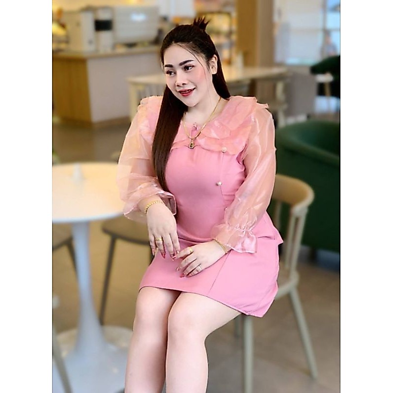 เดรสแต่งกระดุมแขนผ้าแก้วแต่งระบายซิปซ่อนสม็อคหลังมีเชือกผูกเอวน่ารักมากจ้า