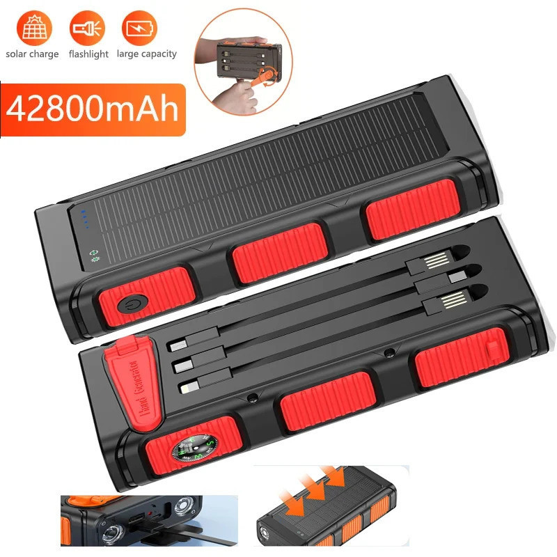 Hand Crank Solar Power Bank 30000mAh พร้อมสาย Camping Light PD 20W Fast Charging Powerbank สําหรับ i