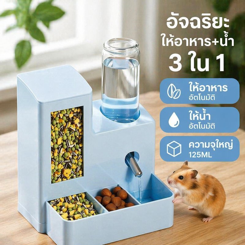 ขวดน้ำหนูแฮมสเตอร์ 3in1 125ML เครื่องให้น้ำอัตโนมัติ ชามอาหารสัตว์เลี้ยง กันน้ำรั่ว สำหรับสัตว์เล็ก